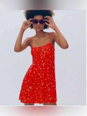 Zara Red Star Print Mini Dress Size Small Y2K Tie Front Side Zip